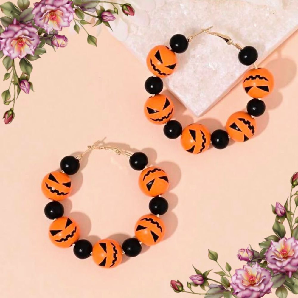 Halloween bead Pumpkin hoop‎ earrings
